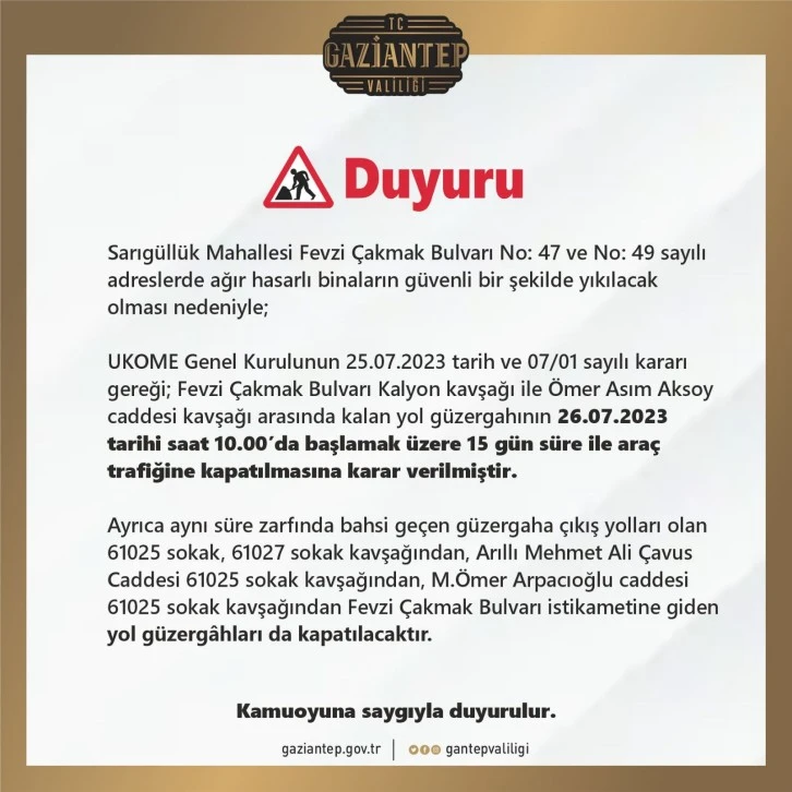 Gaziantep valiliği duyurusu 