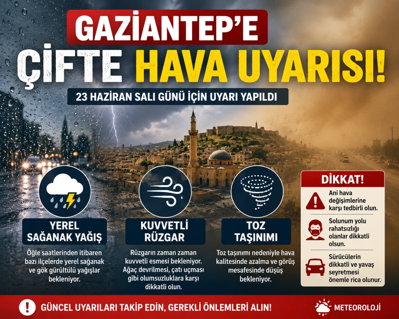 GAZİANTEP'E &Ccedil;İFTE HAVA UYARISI: SAĞANAK YAĞIŞ, KUVVETLİ R&Uuml;ZGAR VE TOZ TAŞINIMINA DİKKAT!