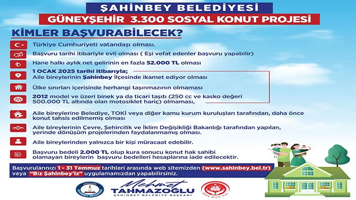  Şahinbey belediyesi 3.300 konut projemizin şartları belli oldu