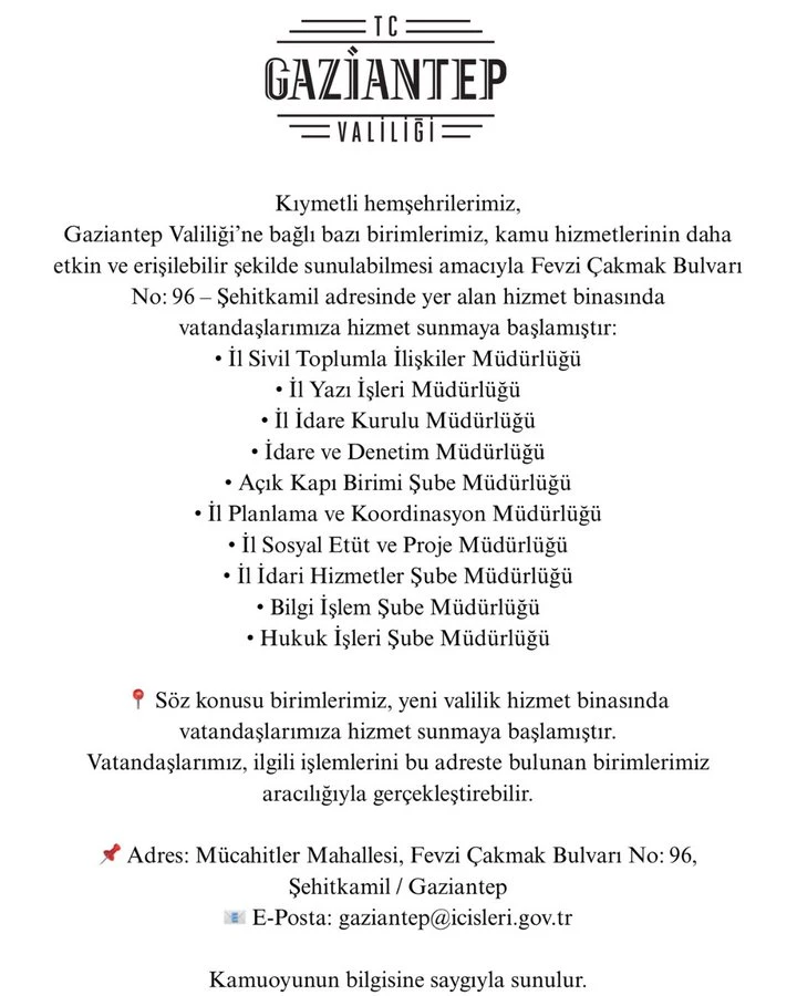  Valiliğimize bağlı bazı birimlerimiz, yeni hizmet binasında vatandaşlarımıza hizmet vermeye başladı.