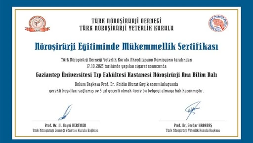 GA&Uuml;N Hastanesi Beyin ve Sinir Cerrahisi Anabilim Dalı&rsquo;na Eğitimde M&uuml;kemmellik Sertifikası