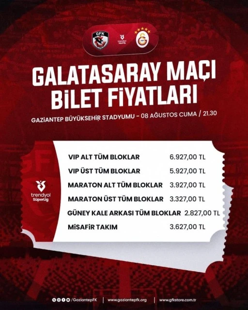  Gaziantep FK - Galatasaray maçı biletleri satışa çıkıyor