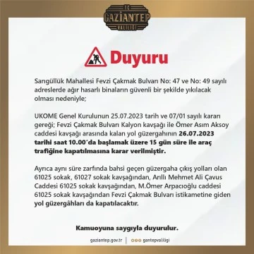 Gaziantep valiliği duyurusu 