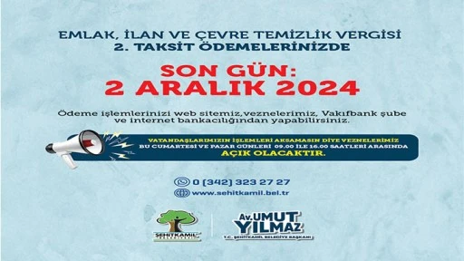VERGİ ÖDEMELERİNDE SON GÜN 02 ARALIK