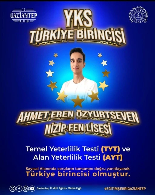 YKS 2025 T&Uuml;RKİYE BİRİNCİSİ GAZİANTEP NİZİP&rsquo;TEN!